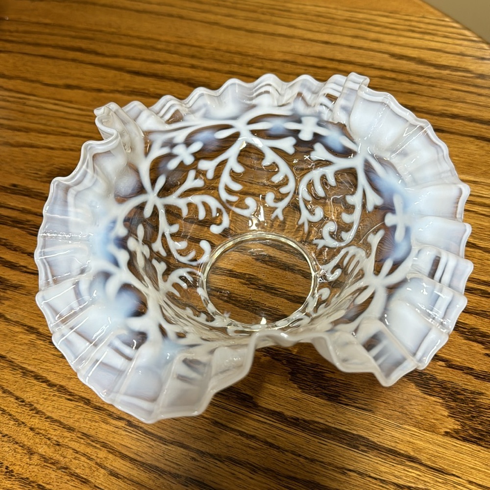 Sold
Northwood Glass white opalescent Spanish lace tri-fold crimped bowl